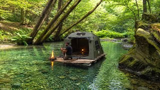 Primitive Floating Hot Tent Camping; Survival Skills. Fish Cooking, Bushcraft