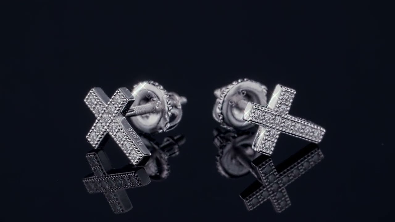 Only For Christ Cross Earrings - Real 925 Sterling Silver Men's Ladies' Studs Simulated Diamonds