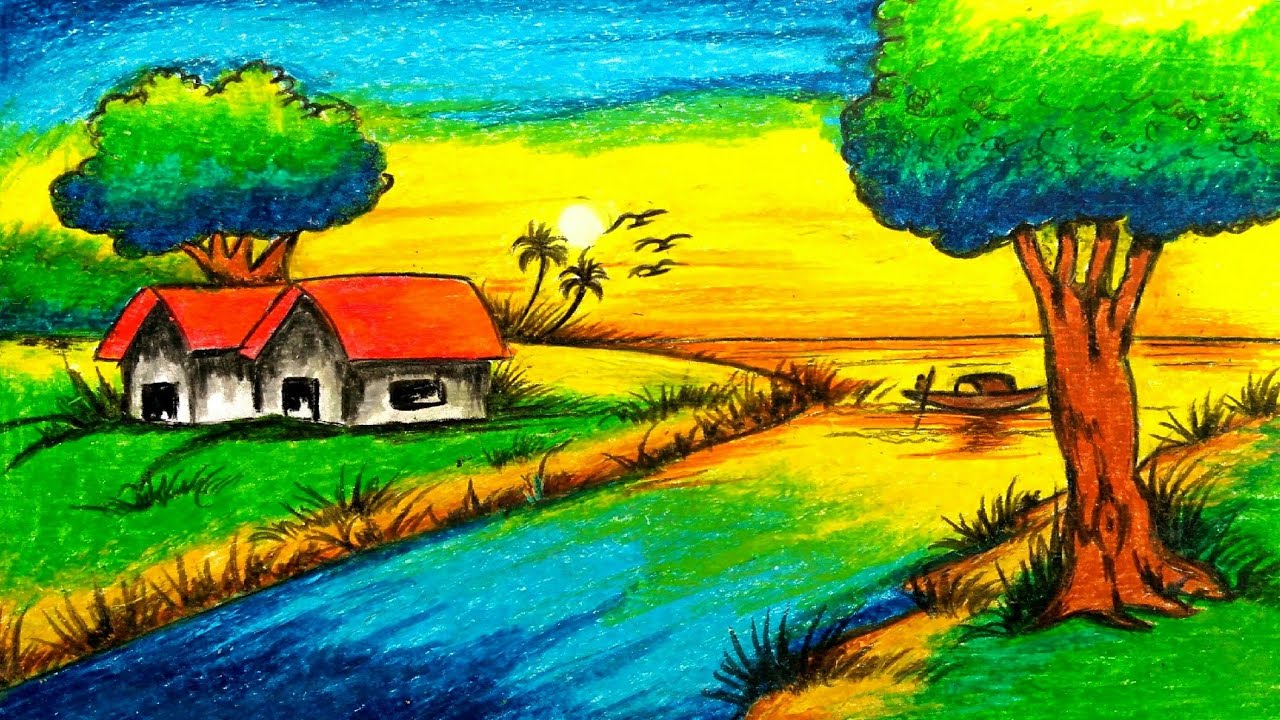 Sunset scenery landscape drawing  with oil pastel  colour 