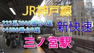 JR神戸線三ノ宮駅1番のりばに、223系2000番台4連+1000番台8連の新快速が入線