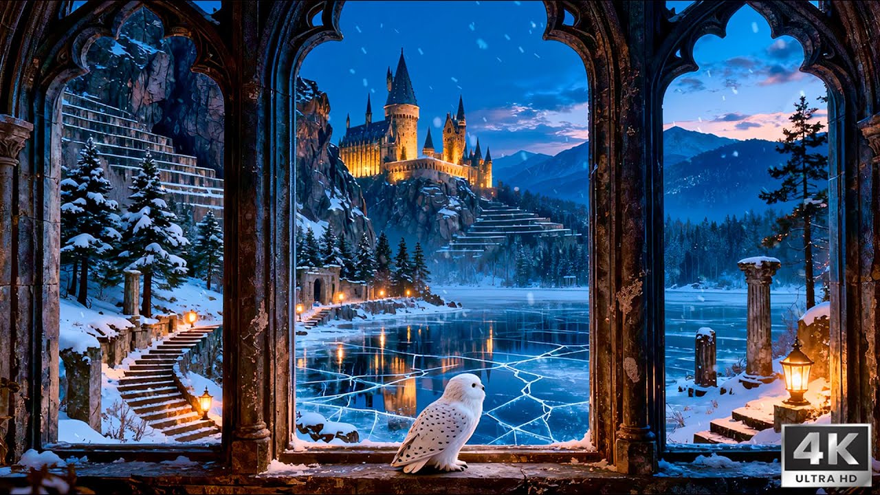 Hogwarts Frozen Lake Window View ❄️🏰 Calm Atmospheric Music for Deep Relax & Focus