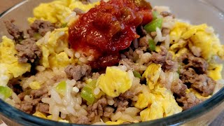 This is my new go to breakfast. Sausage, egg, and rice breakfast bowls.