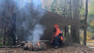 EP.10 [ SOLO BIVOUAC ] Tarp Camping in the Sleet - Bushcraft, Campfire, Cold Rain and Strong Winds.