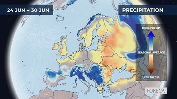 Monthly precipitation forecast for Europe 24/6/2024