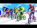 SPIDERMAN &amp; Hulk w/ ALL SUPERHEROES Racing Cycling Event Day Competition Challenge - GTA 5