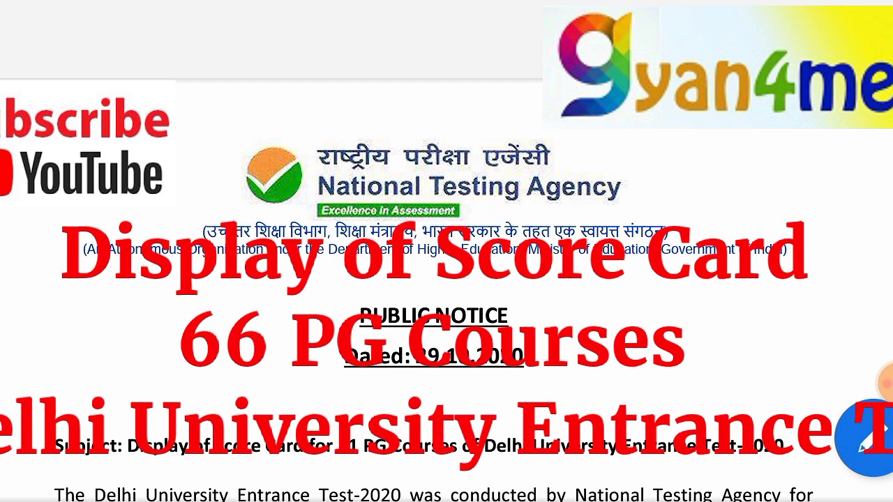 Delhi University Entrance Test (DUET) Score Card for 66 PG Courses