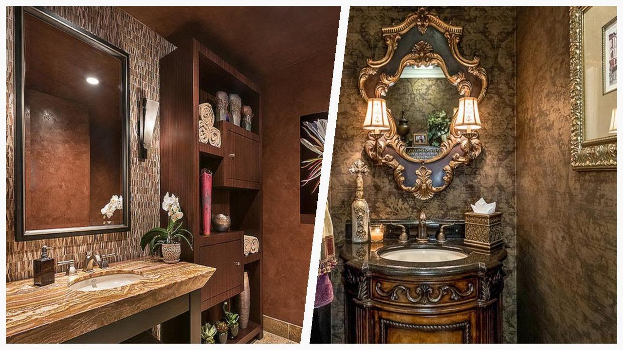75 Travertine Floor Powder Room With Dark Wood Cabinets Design Ideas ...