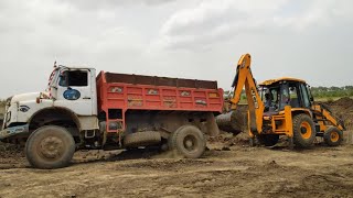 Tata 6 Wheeler Tipper Truck Stuck While Unloading Pushed By Jcb 3dx Machine.