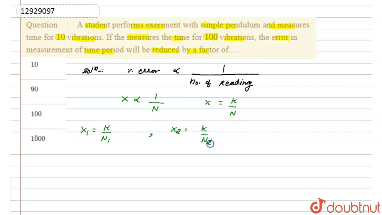 A student performs  exeriment with simple pendulum and measures time for `10` vibrations