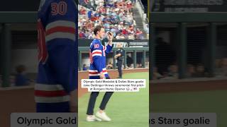 Olympic Gold Medalist &amp; Dallas Stars goalie Jake Oettinger throws first pitch at Rangers Home Opener
