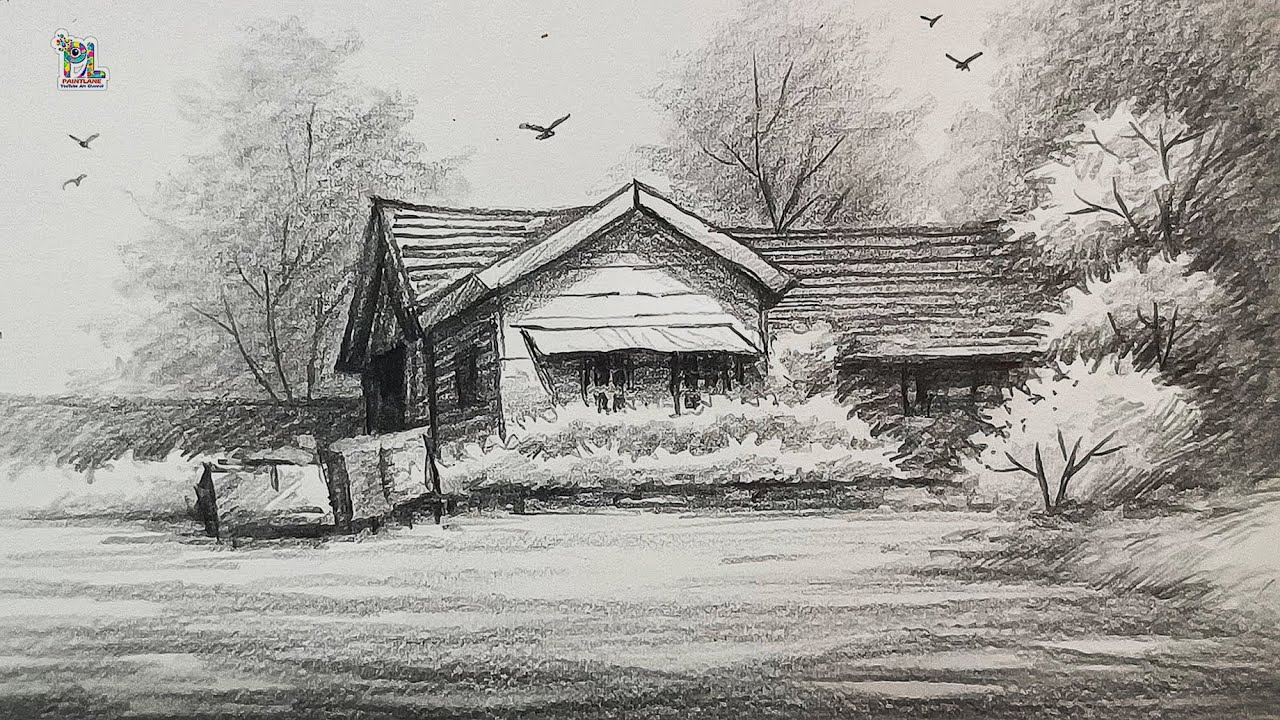 How to draw Tiled and wooden House in Scenery Art - YouTube
