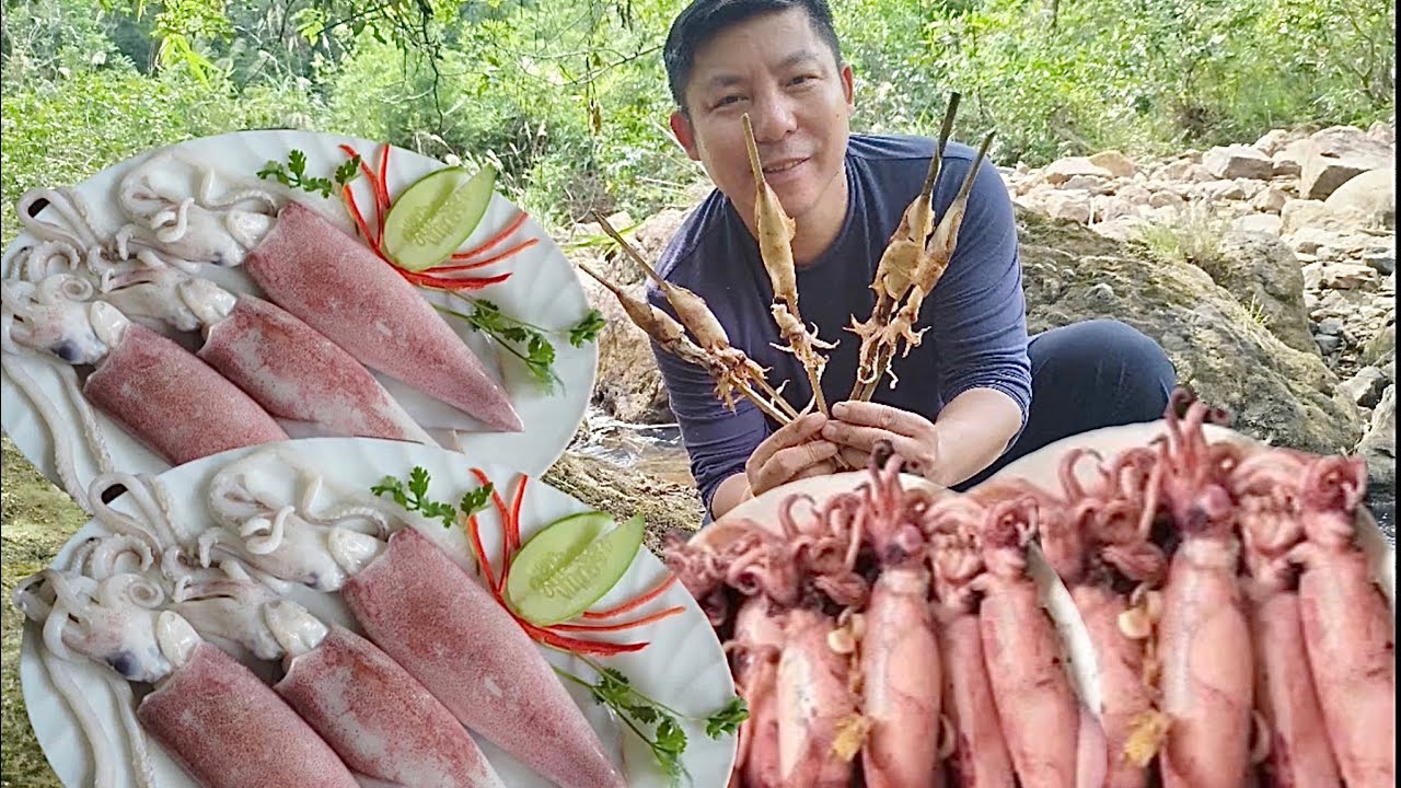 Thử thách vào rừng ở 12 tiếng. Mực nướng ống tre ngon Challenge the ...