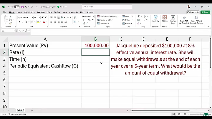 Periodic Cashflow of the Present Value of Ordinary Annuity Using Excel