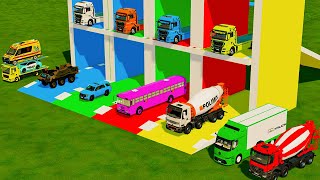 TRANSPORTING MERCEDES MINI BUS, VOLKSWAGEN POLICE, FORD POLICE, MERCEDES FIRE TRUCK TO GARAGE | FS22