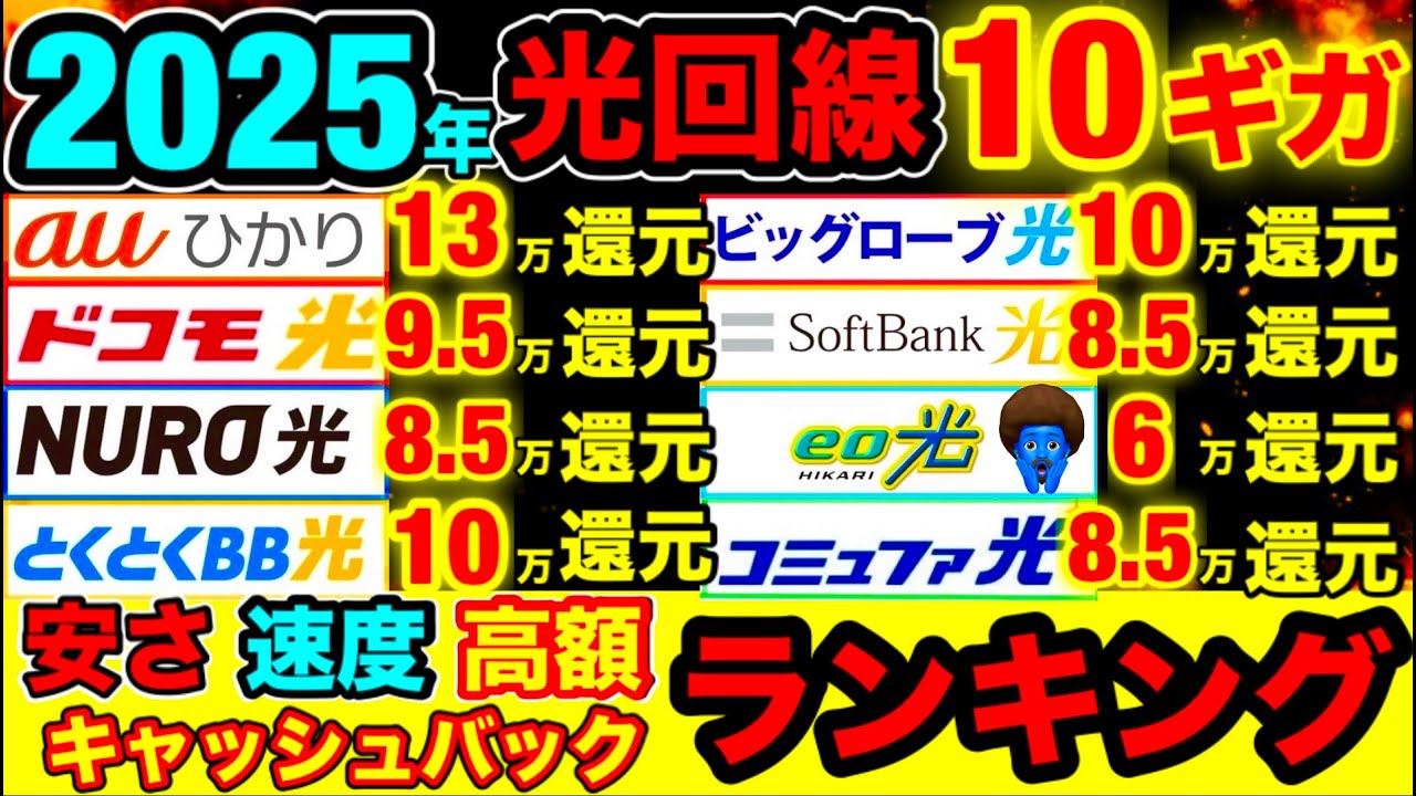 【2025年最新ランキング】月額料金安い・速度・高額キャッシュバック1位は？光回線10ギガ9社を徹底比較した。 NURO光 とくとくBB光 ドコモ光  ソフトバンク光 ビッグローブ光 au光