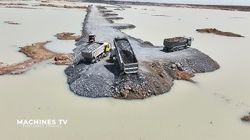 Great Work Special Activity New Road Building In Lake Bulldozer Pushing Stone Truck Dumping Stone