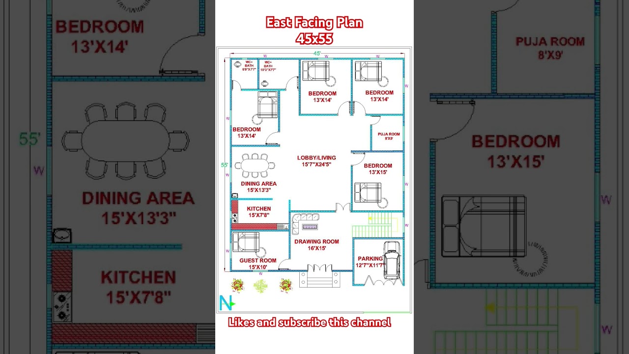 "45x55 East Facing 4BHK House Plan with Parking| Vastu Compliant House Plan!" 