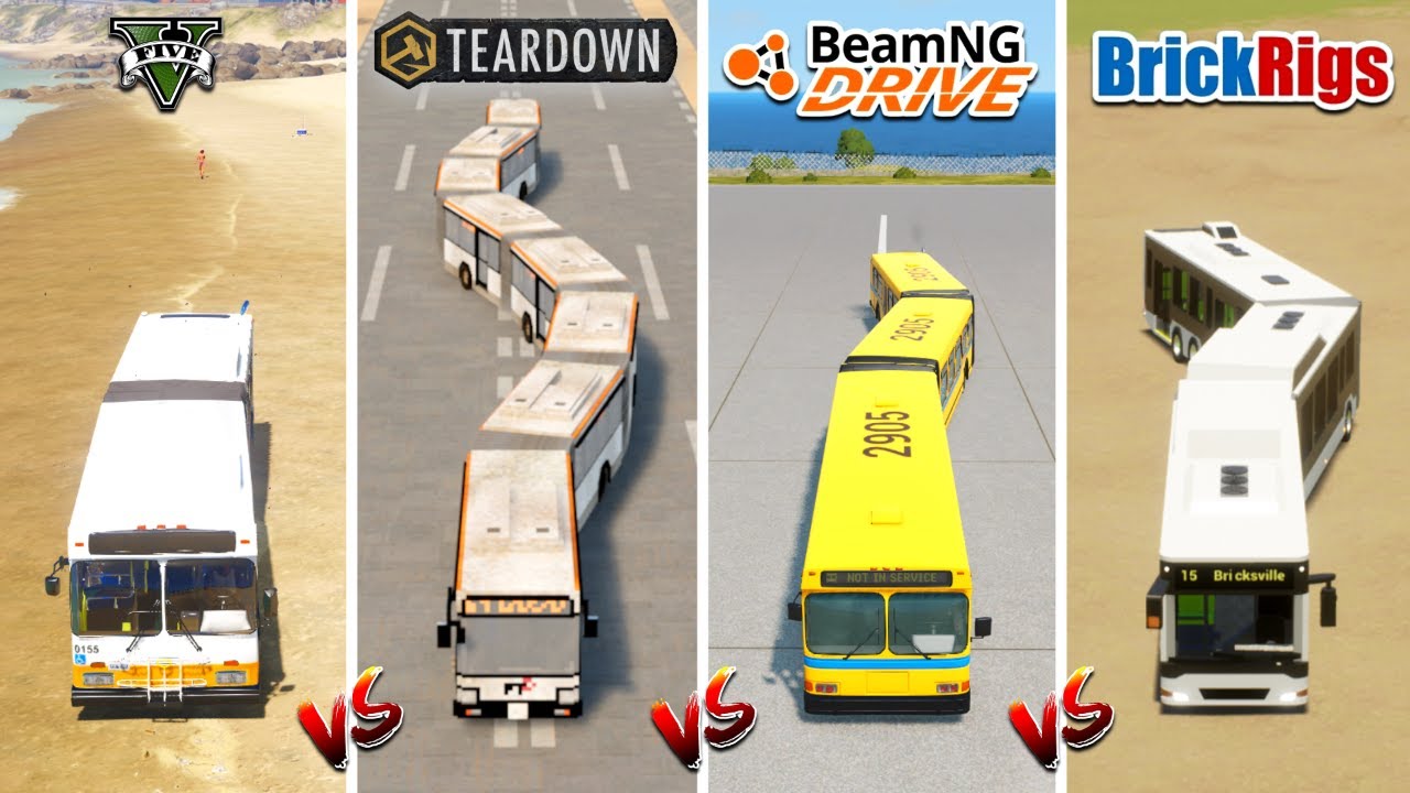 LONG ARTICULATED BUS in GTA 5 vs TEARDOWN vs BEAMNG DRIVE vs BRICK RIGS - WHICH IS BEST? (LONG CARS)