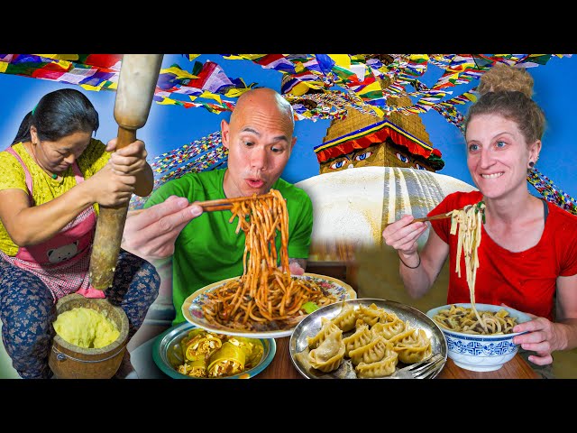 Travel vlog - RARE TIBETAN FOOD in Kathmandu, Nepal - Tibetan Momo, Thukpa & Laphing + Nepali Street Food Tour