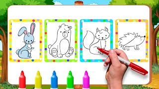 Coloring pages with Alex. Learn how to draw fox, rabbit, teddy bear, hedgehog