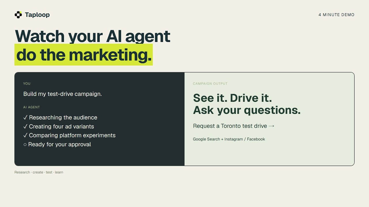 Taploop AI Agent Demo: Google + Instagram/Facebook Ad Experiments
