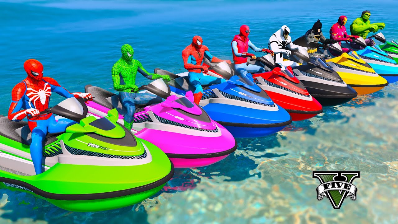 TEAM SPIDERMAN JET SKI WATER RACING JUMP CHALLENGE,SUPERHEROES Motorbikes RACE on BEACH RAMP - GTA 5