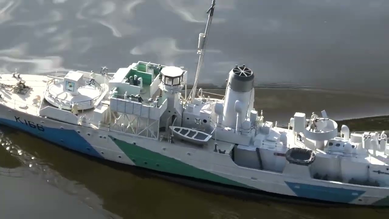 Very nice 1/72  RC Flower class corvette has a run on the pond