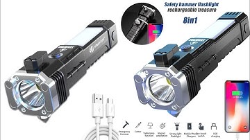 Safety Hammer  Flashlight Reachargeable treasure 8 IN 1 unboxing &Review