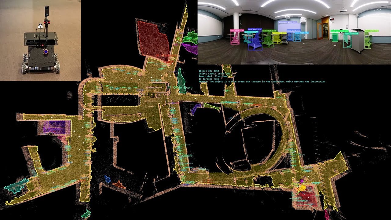 Vision-Language Navigation Finding Blue Trash Can in Classroom