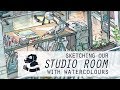 Sketching our studio room in watercolours