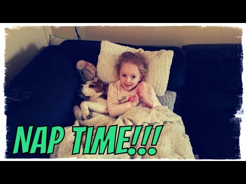 Little girl tucks dog in blanket for a nap