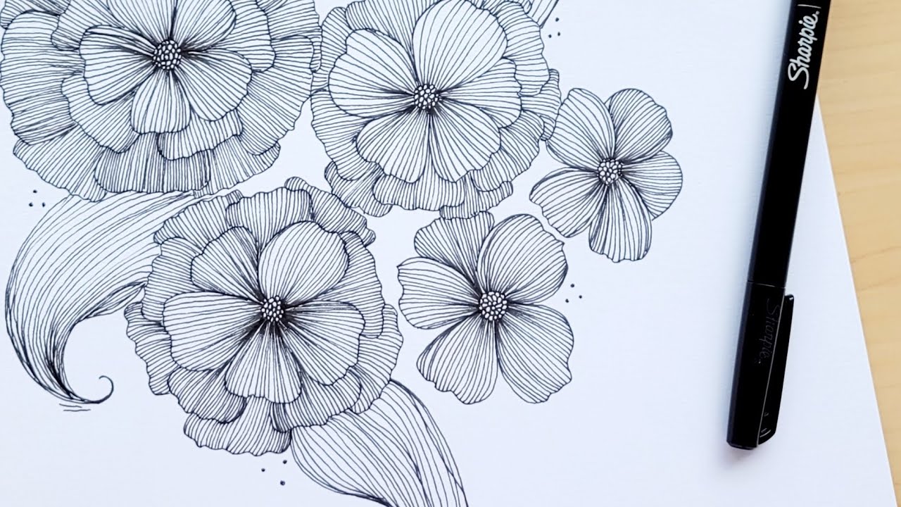 Flower line drawing - art therapy - follow-along tutorial.