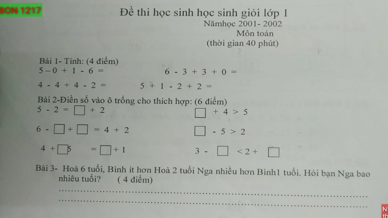 Đề thi học sinh giỏi toán lớp 1 cấp trường | Toán lớp 1: Hướng dẫn làm đề thi học sinh giỏi 2001 – 2002