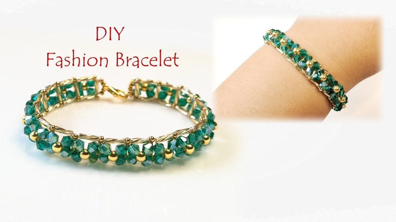 Handmade Green & Gold Bracelet Design | Sparkling Glass Crystal Jewelry Idea