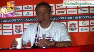 Jurgen Klinsmann offers press conference after beating Mexico in world cup qualifier game in Columbu