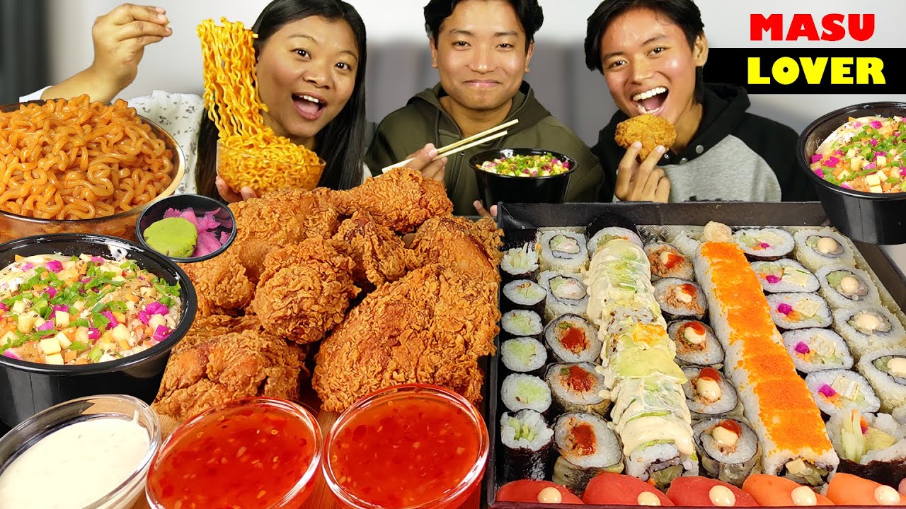 Mukbang Ft. @prasanna.lama07 & @prafullalama07 | Eating Sushi, Crispy Fried Chicken & Spicy Noodles
