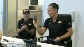 JJ Redick and Rob Pelinka celebrate drafting Bronny James with pick 55 in NBA Draft