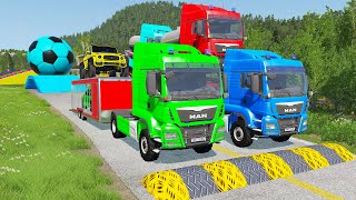 Double Flatbed Trailer Truck vs Speedbumps Train vs Cars | Tractor vs Train Beamng.Drive 060