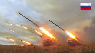 MASSIVE FIRE ‼️ Russian BM-27 Uragan-BM-21 Grad and Tornado MLRS Firing Destroyed Target