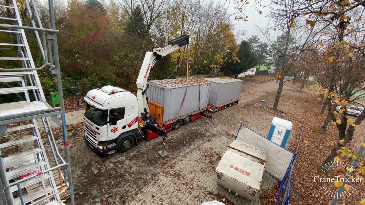 2 x 20 Fuß Materialcontainer laden mit HMF 5020 K-5 Ladekran