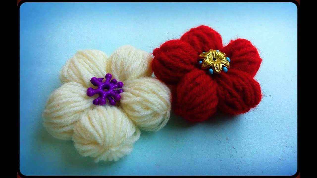 woollen/yarn flower making without crochet Puff yarn flowers made