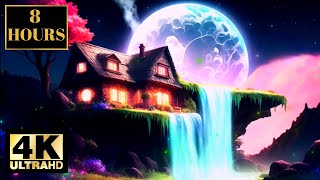 Nature Night Full Moon Waterfall Wallpaper Screensaver 4K 8 HOURS With Relaxing Music For Sleep