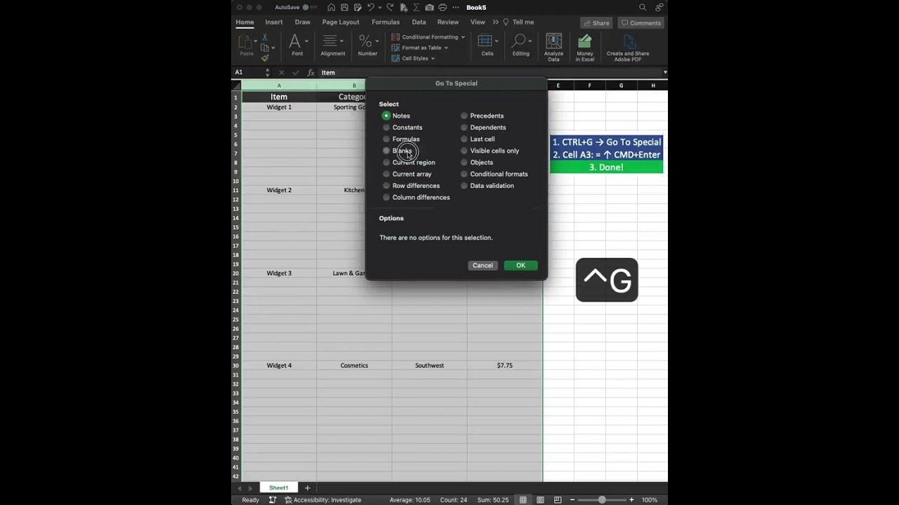 How to fill all blank rows in excel ctrl g go to special blanks