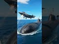 A warplane that was parked on the submarine took off.
