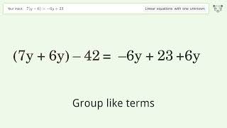 Solve 7(y-6)=-6y+23: Linear Equation Video Solution | Tiger Algebra