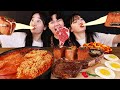 ASMR MUKBANG 버섯 열라면 & 떡볶이 & 치즈 통스팸 & 스테이크 FIRE Noodle & STEAK & CHEESE SPAM EATING SOUND!
