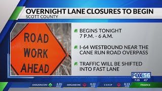 Overnight lane closures announced for I-64 West in Scott County