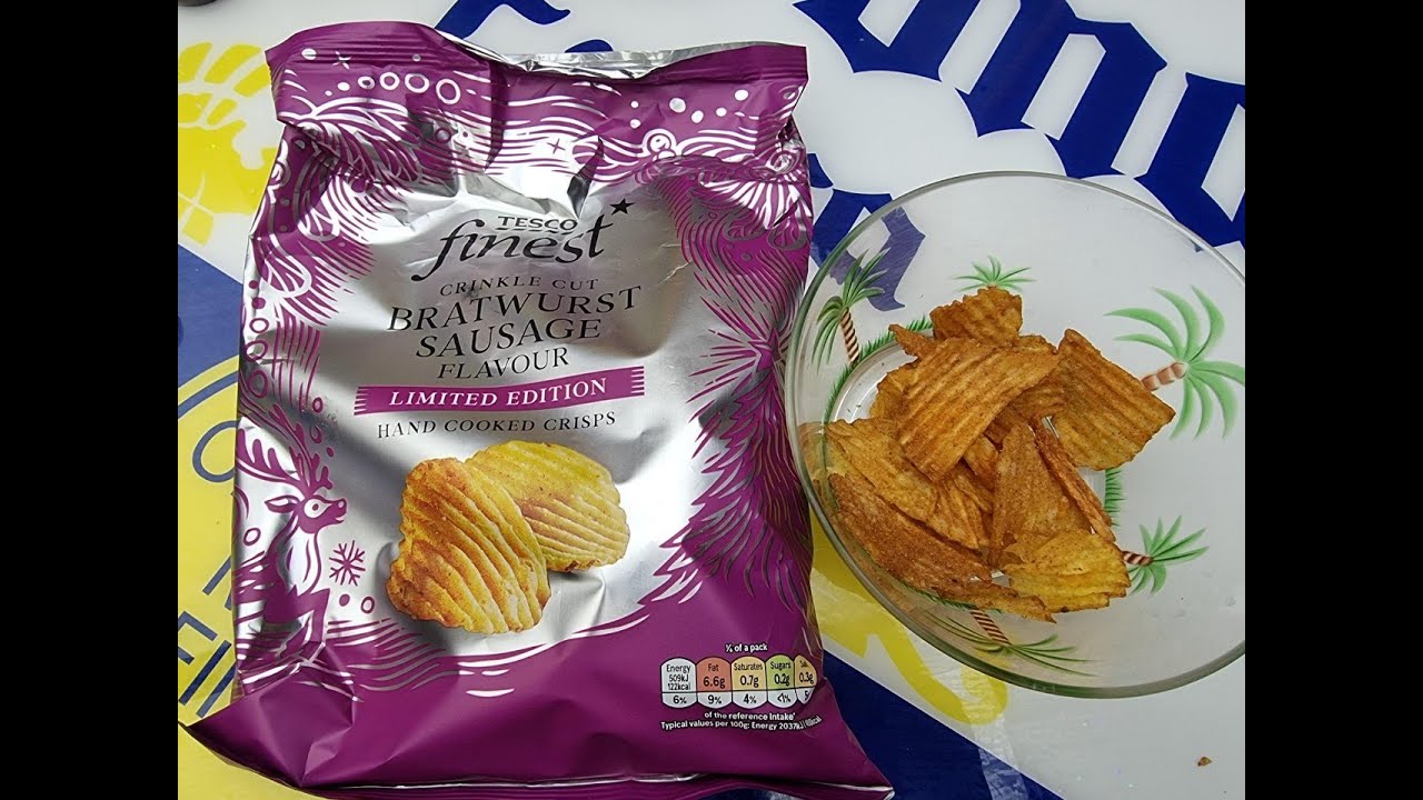 Tesco Finest Bratwurst Sausages Flavoured Crisps 150G 90P YouTube