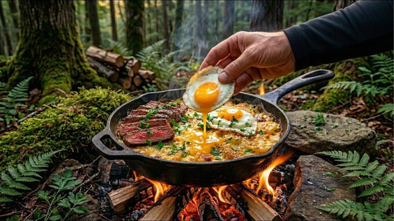 Rustic Steak, Eggs & Creamy Potatoes Prepared in the Wilderness