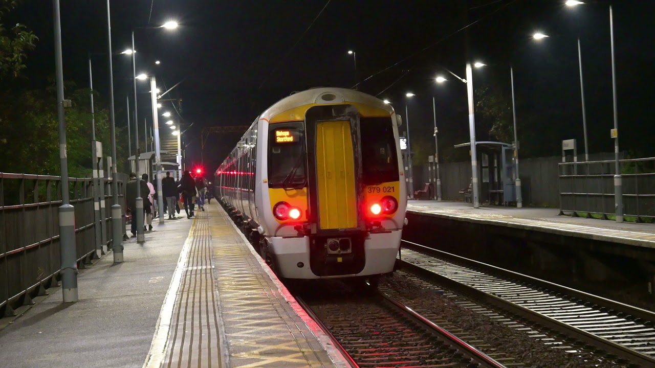 Greater Anglia trains after dark at Enfield Lock 10th November 2021